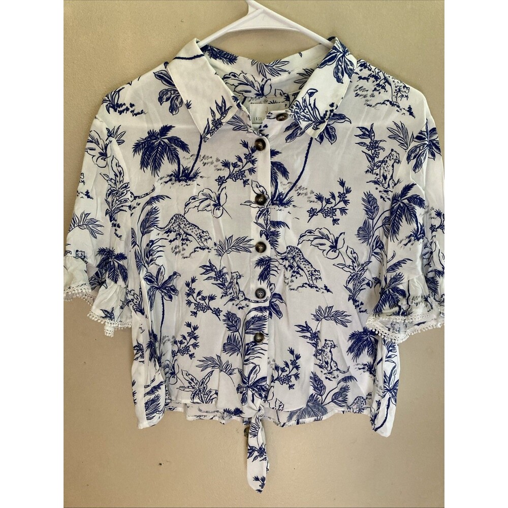 NWT Lost + Wander  Floral + Cheetah/Jaguar Crop Blouse Top Blue White Ruffle L